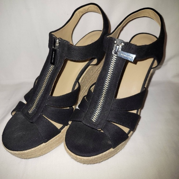 Michael Kors MK Women’s 8.5M Black Canvas Wedge Sandals Zipper Espadrille WM18L - Picture 1 of 13